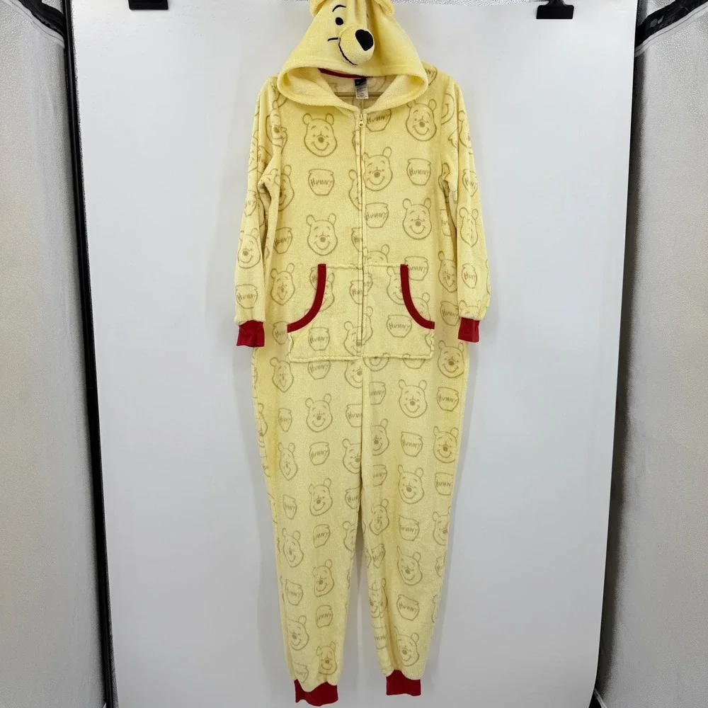 Disney Winnie the Pooh Fleece Hooded One Piece Pajamas Union Suit Yellow Medium - Picture 2 of 6